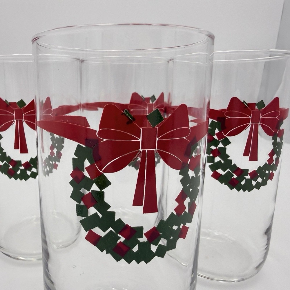 Set of 4‎ Vintage Christmas Drinking Glasses Wreath Holiday Barware Cups Tumbler